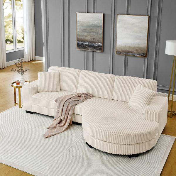 English Elm Corduroy Tufted Sectional Sofa with Convertible L Shaped Chaise and Arc Footstool Beige W487S00597