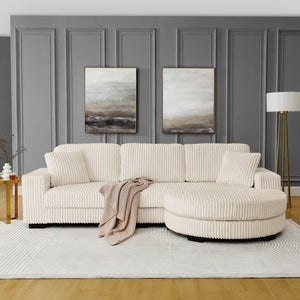 English Elm Corduroy Tufted Sectional Sofa with Convertible L Shaped Chaise and Arc Footstool Beige W487S00597