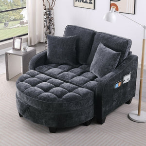 English Elm Two-Seater Corduroy Sofa with Sculptural Armrests Storage Ottoman and Lumbar Pillows Black W487S00599