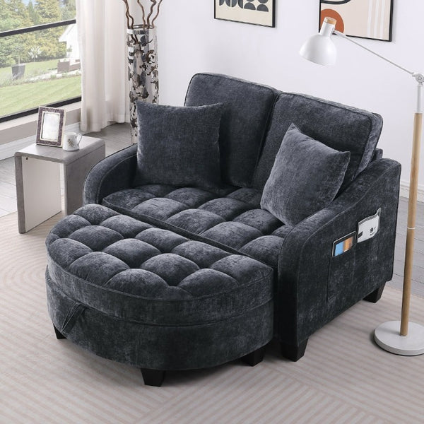 English Elm Two-Seater Corduroy Sofa with Sculptural Armrests Storage Ottoman and Lumbar Pillows Black W487S00599