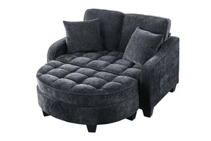 English Elm Two-Seater Corduroy Sofa with Sculptural Armrests Storage Ottoman and Lumbar Pillows Black W487S00599
