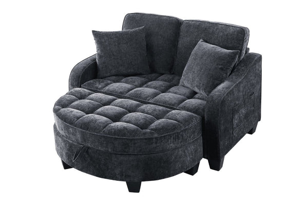 English Elm Two-Seater Corduroy Sofa with Sculptural Armrests Storage Ottoman and Lumbar Pillows Black W487S00599