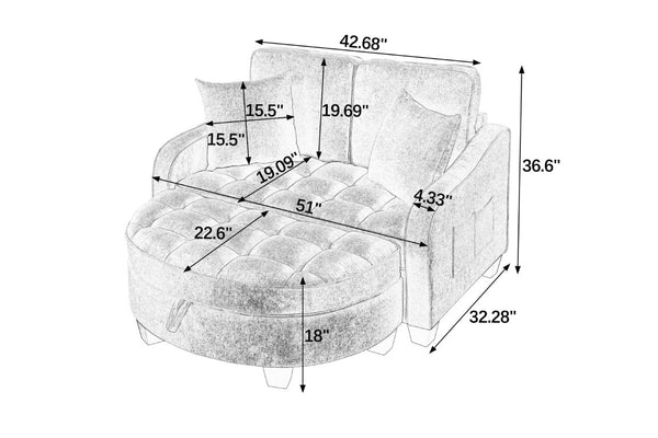 English Elm Two-Seater Corduroy Sofa with Sculptural Armrests Storage Ottoman and Lumbar Pillows Black W487S00599