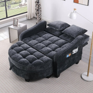 English Elm Two-Seater Corduroy Sofa with Sculptural Armrests Storage Ottoman and Lumbar Pillows Black W487S00599