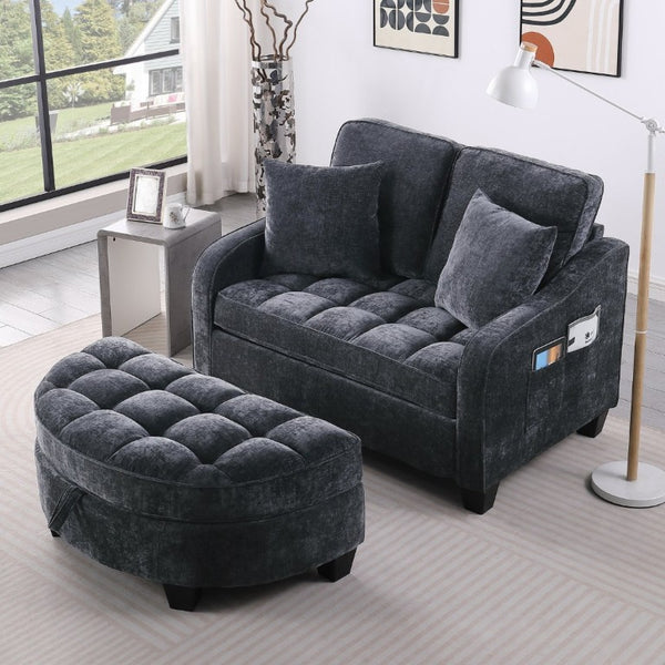 English Elm Two-Seater Corduroy Sofa with Sculptural Armrests Storage Ottoman and Lumbar Pillows Black W487S00599