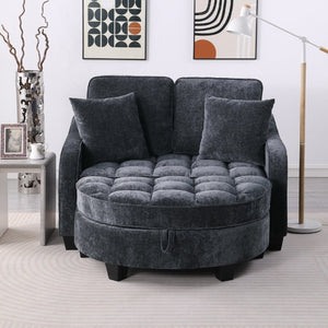 English Elm Two-Seater Corduroy Sofa with Sculptural Armrests Storage Ottoman and Lumbar Pillows Black W487S00599