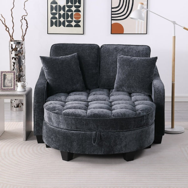 English Elm Two-Seater Corduroy Sofa with Sculptural Armrests Storage Ottoman and Lumbar Pillows Black W487S00599