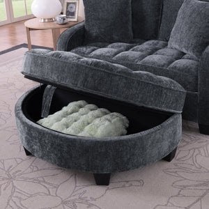 English Elm Two-Seater Corduroy Sofa with Sculptural Armrests Storage Ottoman and Lumbar Pillows Black W487S00599