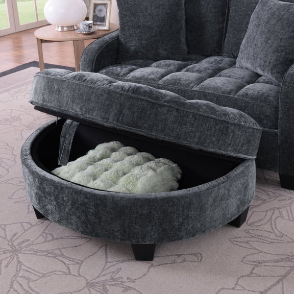 English Elm Two-Seater Corduroy Sofa with Sculptural Armrests Storage Ottoman and Lumbar Pillows Black W487S00599