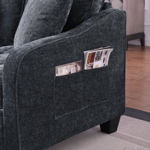 English Elm Two-Seater Corduroy Sofa with Sculptural Armrests Storage Ottoman and Lumbar Pillows Black W487S00599