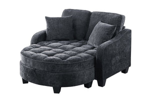 English Elm Two-Seater Corduroy Sofa with Sculptural Armrests Storage Ottoman and Lumbar Pillows Black W487S00599