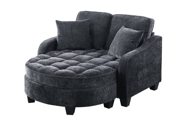 English Elm Two-Seater Corduroy Sofa with Sculptural Armrests Storage Ottoman and Lumbar Pillows Black W487S00599