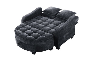 English Elm Two-Seater Corduroy Sofa with Sculptural Armrests Storage Ottoman and Lumbar Pillows Black W487S00599