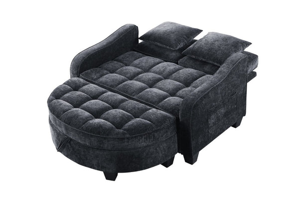 English Elm Two-Seater Corduroy Sofa with Sculptural Armrests Storage Ottoman and Lumbar Pillows Black W487S00599