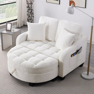 English Elm Two-Seater Corduroy Sofa with Sculptural Armrests Storage Ottoman and Lumbar Pillows Beige W487S00600