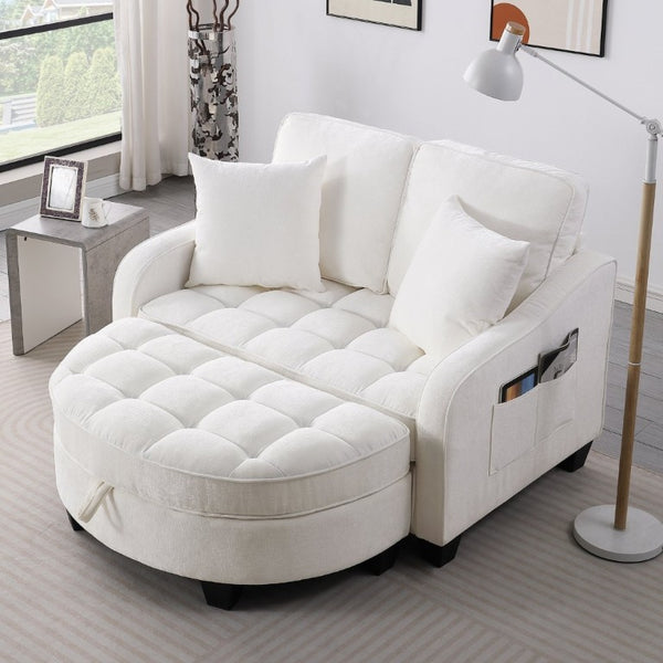 English Elm Two-Seater Corduroy Sofa with Sculptural Armrests Storage Ottoman and Lumbar Pillows Beige W487S00600