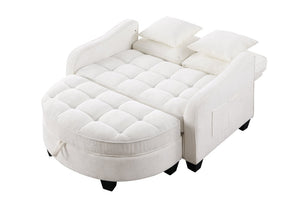English Elm Two-Seater Corduroy Sofa with Sculptural Armrests Storage Ottoman and Lumbar Pillows Beige W487S00600