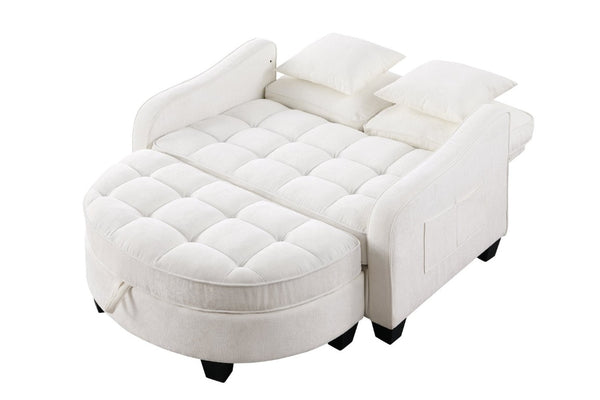 English Elm Two-Seater Corduroy Sofa with Sculptural Armrests Storage Ottoman and Lumbar Pillows Beige W487S00600