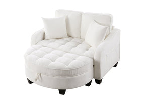 English Elm Two-Seater Corduroy Sofa with Sculptural Armrests Storage Ottoman and Lumbar Pillows Beige W487S00600