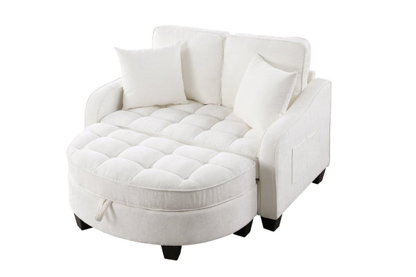 English Elm Two-Seater Corduroy Sofa with Sculptural Armrests Storage Ottoman and Lumbar Pillows Beige W487S00600