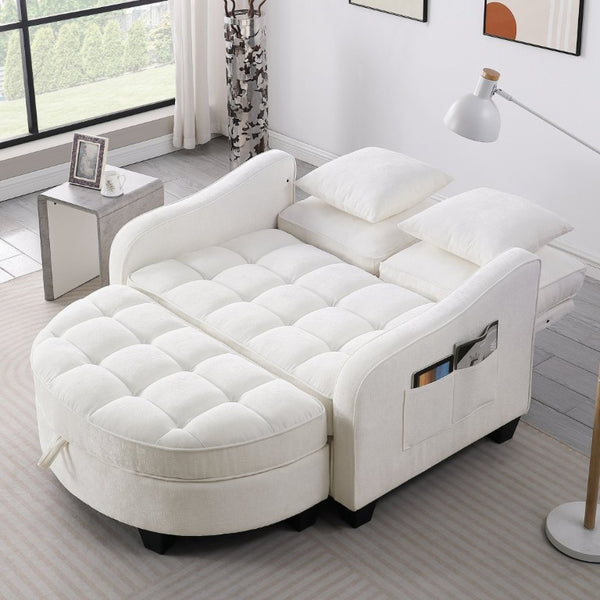 English Elm Two-Seater Corduroy Sofa with Sculptural Armrests Storage Ottoman and Lumbar Pillows Beige W487S00600