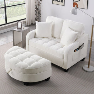 English Elm Two-Seater Corduroy Sofa with Sculptural Armrests Storage Ottoman and Lumbar Pillows Beige W487S00600