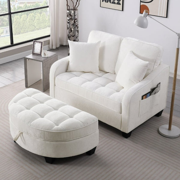 English Elm Two-Seater Corduroy Sofa with Sculptural Armrests Storage Ottoman and Lumbar Pillows Beige W487S00600