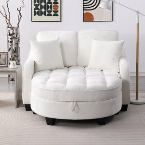 English Elm Two-Seater Corduroy Sofa with Sculptural Armrests Storage Ottoman and Lumbar Pillows Beige W487S00600