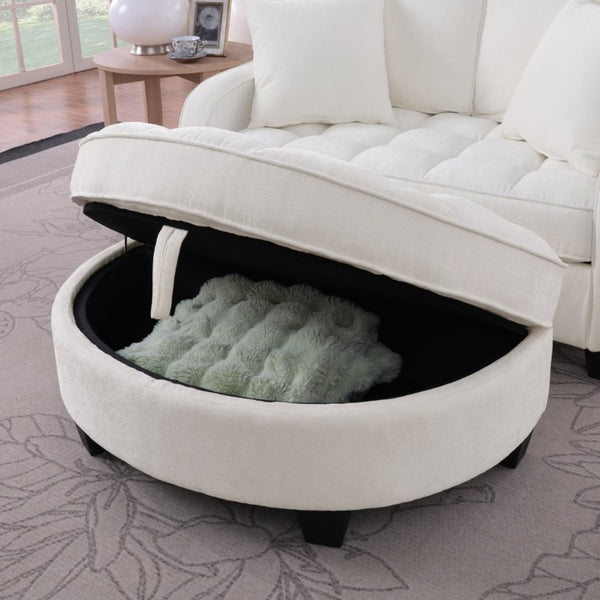 English Elm Two-Seater Corduroy Sofa with Sculptural Armrests Storage Ottoman and Lumbar Pillows Beige W487S00600