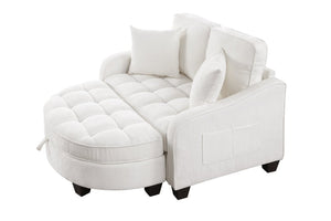 English Elm Two-Seater Corduroy Sofa with Sculptural Armrests Storage Ottoman and Lumbar Pillows Beige W487S00600