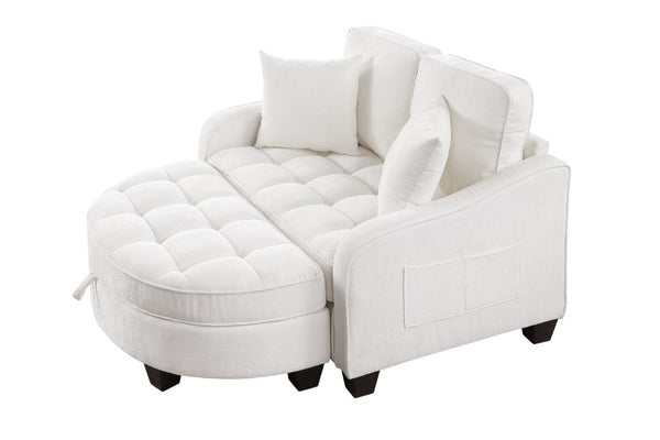 English Elm Two-Seater Corduroy Sofa with Sculptural Armrests Storage Ottoman and Lumbar Pillows Beige W487S00600