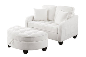 English Elm Two-Seater Corduroy Sofa with Sculptural Armrests Storage Ottoman and Lumbar Pillows Beige W487S00600