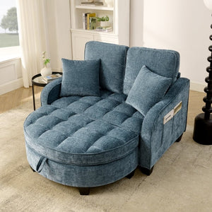 English Elm Two-Seater Corduroy Sofa with Sculptural Armrests Storage Ottoman and Lumbar Pillows Blue W487S00601