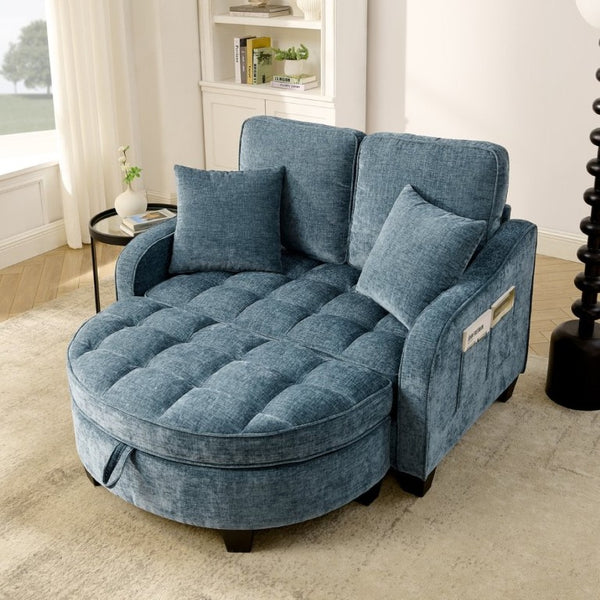 English Elm Two-Seater Corduroy Sofa with Sculptural Armrests Storage Ottoman and Lumbar Pillows Blue W487S00601
