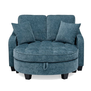 English Elm Two-Seater Corduroy Sofa with Sculptural Armrests Storage Ottoman and Lumbar Pillows Blue W487S00601