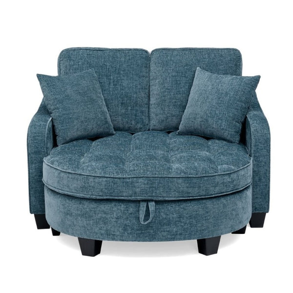 English Elm Two-Seater Corduroy Sofa with Sculptural Armrests Storage Ottoman and Lumbar Pillows Blue W487S00601