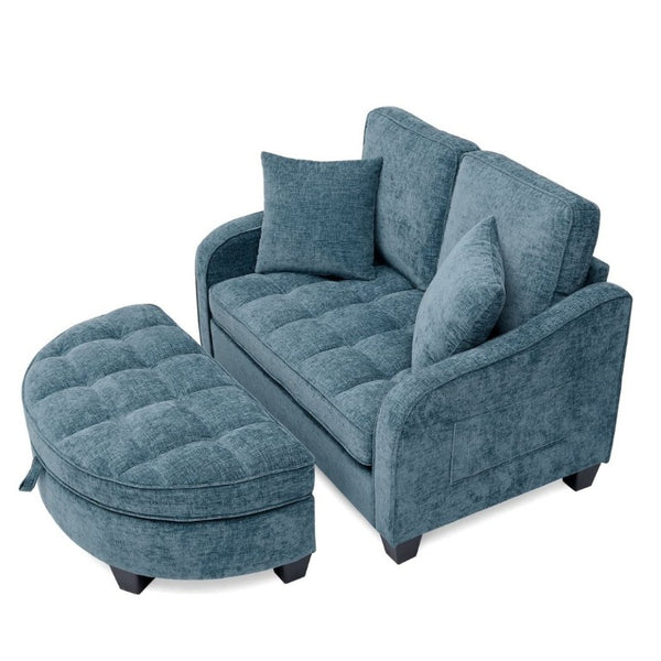 English Elm Two-Seater Corduroy Sofa with Sculptural Armrests Storage Ottoman and Lumbar Pillows Blue W487S00601