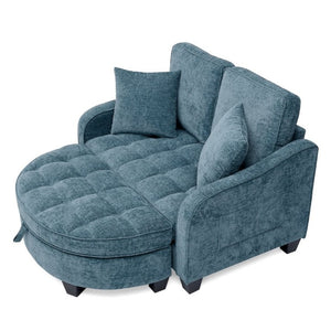 English Elm Two-Seater Corduroy Sofa with Sculptural Armrests Storage Ottoman and Lumbar Pillows Blue W487S00601