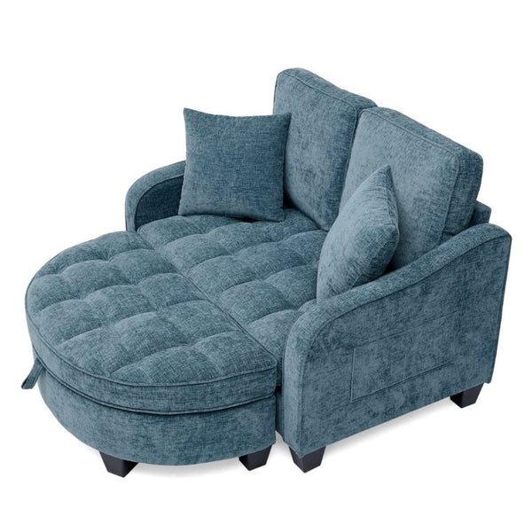 English Elm Two-Seater Corduroy Sofa with Sculptural Armrests Storage Ottoman and Lumbar Pillows Blue W487S00601