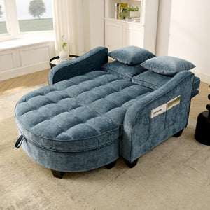 English Elm Two-Seater Corduroy Sofa with Sculptural Armrests Storage Ottoman and Lumbar Pillows Blue W487S00601