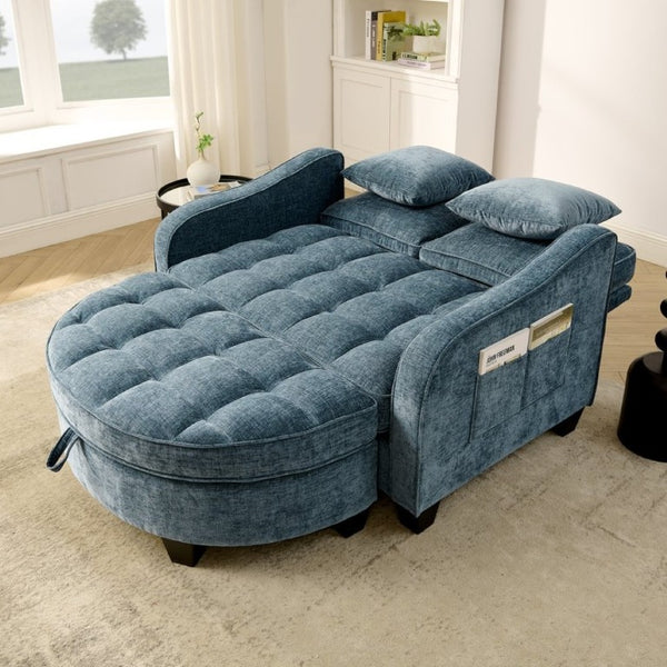 English Elm Two-Seater Corduroy Sofa with Sculptural Armrests Storage Ottoman and Lumbar Pillows Blue W487S00601