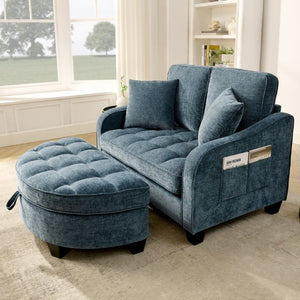 English Elm Two-Seater Corduroy Sofa with Sculptural Armrests Storage Ottoman and Lumbar Pillows Blue W487S00601