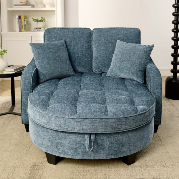 English Elm Two-Seater Corduroy Sofa with Sculptural Armrests Storage Ottoman and Lumbar Pillows Blue W487S00601