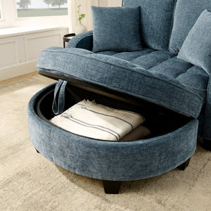 English Elm Two-Seater Corduroy Sofa with Sculptural Armrests Storage Ottoman and Lumbar Pillows Blue W487S00601