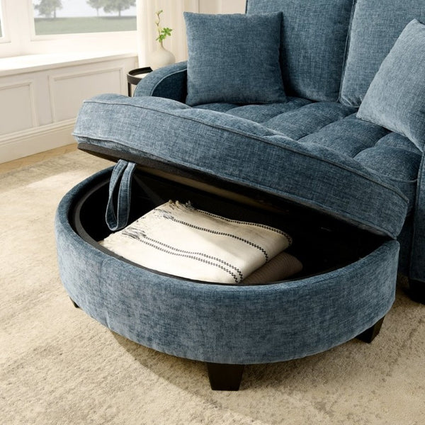 English Elm Two-Seater Corduroy Sofa with Sculptural Armrests Storage Ottoman and Lumbar Pillows Blue W487S00601