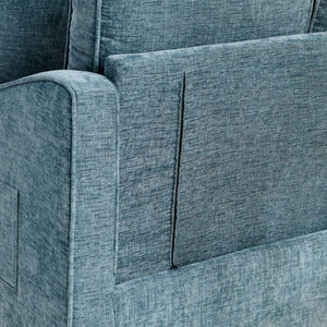 English Elm Two-Seater Corduroy Sofa with Sculptural Armrests Storage Ottoman and Lumbar Pillows Blue W487S00601