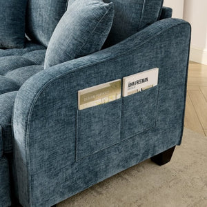 English Elm Two-Seater Corduroy Sofa with Sculptural Armrests Storage Ottoman and Lumbar Pillows Blue W487S00601