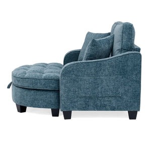 English Elm Two-Seater Corduroy Sofa with Sculptural Armrests Storage Ottoman and Lumbar Pillows Blue W487S00601