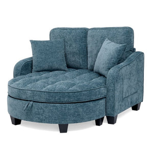 English Elm Two-Seater Corduroy Sofa with Sculptural Armrests Storage Ottoman and Lumbar Pillows Blue W487S00601