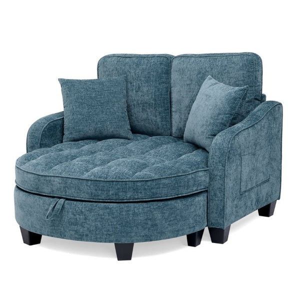 English Elm Two-Seater Corduroy Sofa with Sculptural Armrests Storage Ottoman and Lumbar Pillows Blue W487S00601